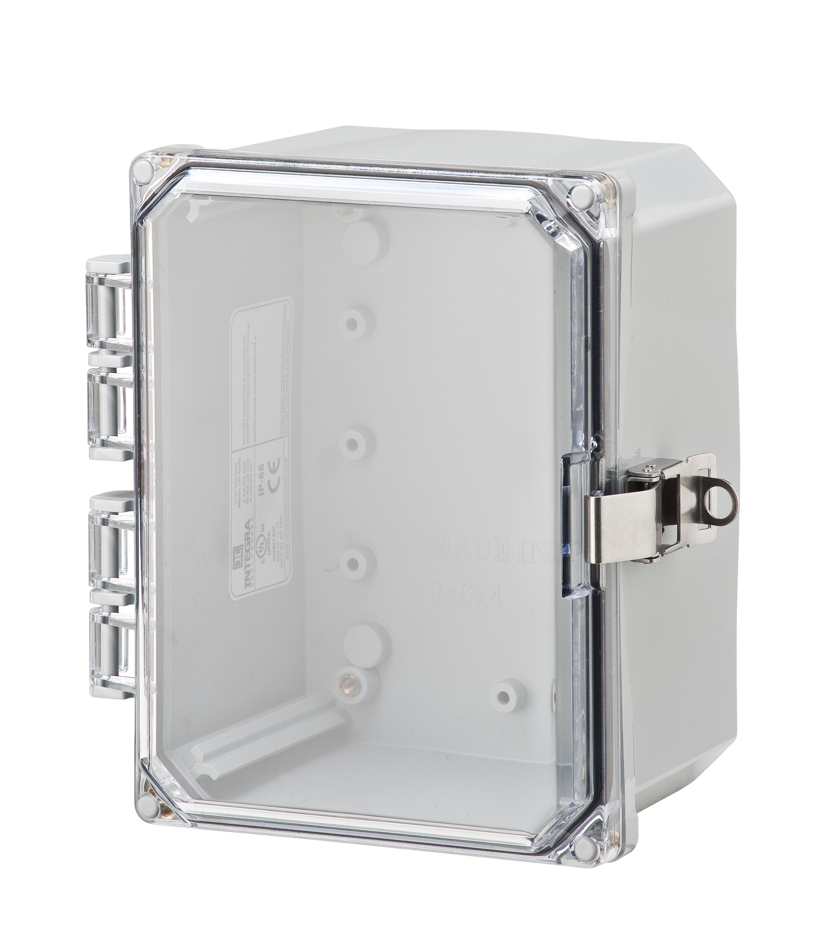 Integra Wallmount Enclosure; 8" x 6" x 4"; Polycarbonate; Transparent Cover; Hinge Connection; NEMA 4X